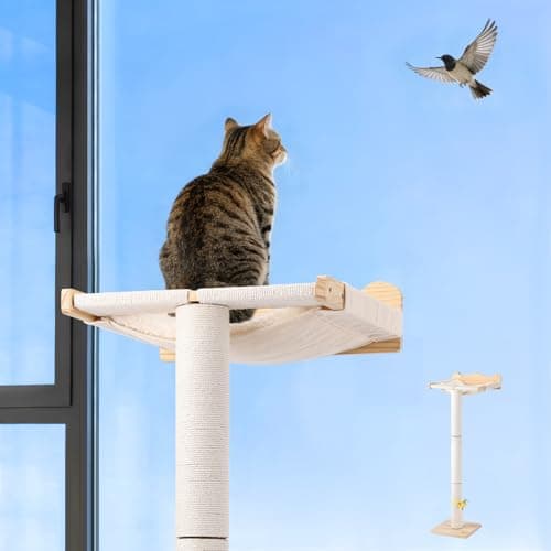 Cat Window Perch with Scratching Post, Keaber 44" Tall Adjustable Sisal Cat Tree for Large Cats Up to 33lbs, Suction Cup Wooden Hammock for Climbing, Bird Watching, Sleeping (Beige, Washable Cushion) - Image 1