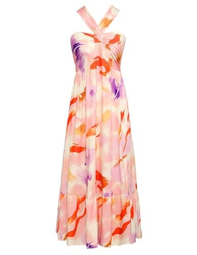 GRACE KARIN 2026 Summer Women's Criss Cross Halterneck Sleeveless Floral Print Flowy A Line Maxi Dress Lilac Calpyso XXL - Image 1