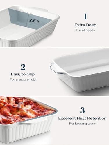 DOWAN Casserole Dish, 9x13 Ceramic Baking Dish, Large Lasagna Pan Deep for Oven, 4.2 Quarts Baking Pan with Handles, Oven Safe and Durable Bakeware for Lasagna, Home Decor, Wedding Gift, Soft White - Thumbnail 3