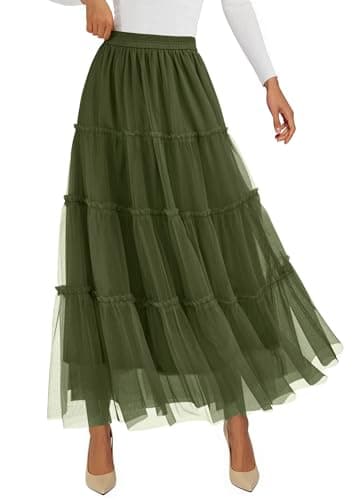PRETTYGARDEN Tulle Skirts for Women 2026 Spring Fashion Elastic High Waisted Tiered Flowy Fairy A-Line Casual Maxi Long Skirt (Army Green,Small) - Image 1