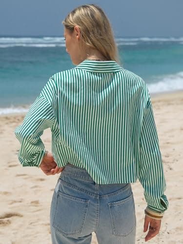 EXLURA Women's 100% Cotton Striped Cropped Button Down Shirt Long Sleeve Blouse Summer Casual Collared Crop Tops with Pockets Green - Thumbnail 5