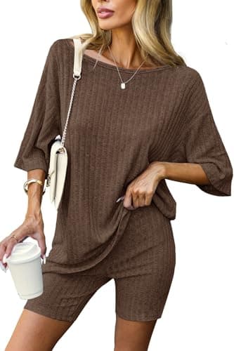 Molirex Biker Short Sets Women 2 Piece Outfits Off Shoulder 3/4 Sleeve Summer Pajamas Ribbed Knit Oversized Tracksuit Coffee M - Image 1