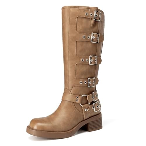 Athlefit Knee High Boots for Women Riding Fashion Buckle Square Toe Chunky Heel Wide Calf Biker Boots Camel Size 11 - Image 1