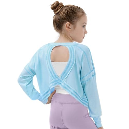 Gogokids Girls Shirts Long Sleeve Athletic Shirts Open Back Tops Active Sports Tshirts Yoga Workout Crop Tees, Blue, 5-6 Years - Image 1