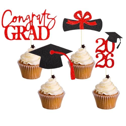 Oeyliz Graduation Cupcake Toppers 2026 Graduation Theme Cupcake Toppers Glitter 2026 Grad Cap Congrats Grad Diploma Cupcakes Toppers 24 PCS For 2026 Graduation Cake Decorations Supplies Red - Image 1