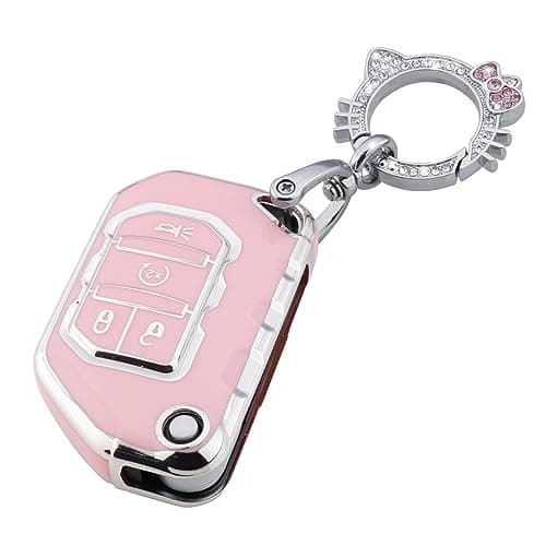 Pangpai Pink Key Fob Cover for Jeep, Soft TPU Key Case Protection with Bling Keychain Fit for 2018-2022 Jeep Gladiator Wrangler Sahara Rubicon