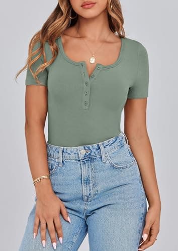 PRETTYGARDEN Women's 2026 Fall Summer Short Sleeve Tops Ribbed Henley Button Slim Fit Basic Casual T Shirts Blouse Clothing (Light Green,Large) - Thumbnail 6