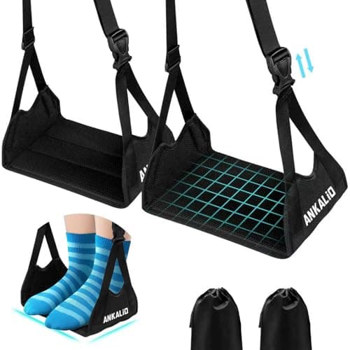 2 Pcs Airplane Foot Hammock–Adjustable Foot Hammock for Plane Travel with Thick Bamboo Base, Lightweight Travel Footrest for Office, Flights(Black) - Image 1