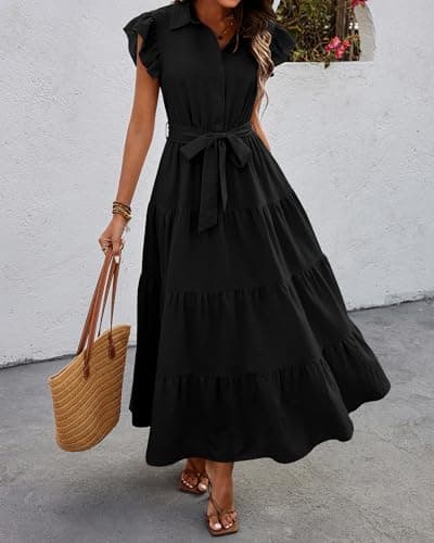dowerme Women Summer Dress 2025 Cap Ruffle Sleeve V Neck Button Up High Waist Belted Tiered Boho Flowy Long Sun Dresses(Black,Medium) - Thumbnail 2