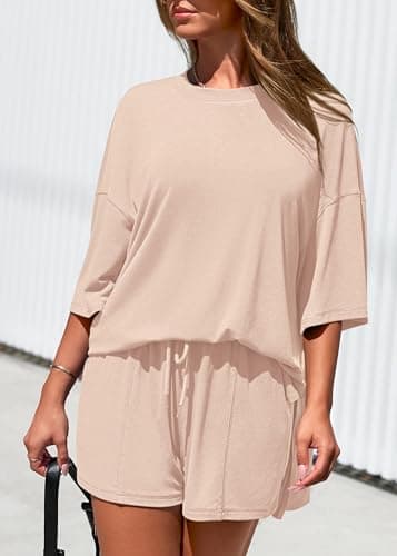 KIRUNDO 2 Piece Sets for Women Summer Lounge Sets Casual Oversized Tshirts Shorts Matching Airport Travel Outfits Postpartum(Beige, Small) - Thumbnail 6
