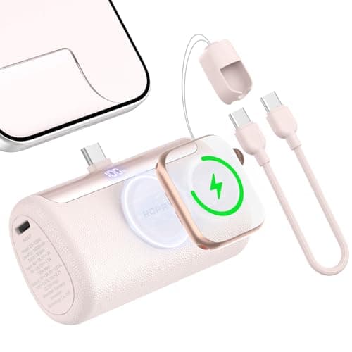 RORRY PalmGo Portable Charger, 10000mAh Small Power Bank with Built-in USB C Connector, 3-in-1 22.5W Fast Charging Battery Pack for iPhone 17/16/15 Pro/Max, Apple Watch Ultra/11/10/SE, iPad, Pink - Image 1