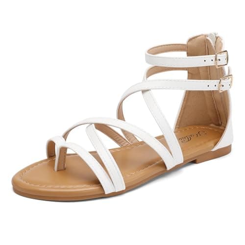katliu Women's Gladiator Sandals, Strappy Flat Sandals, Dressy Boho Thong Sandals White 8.5 - Image 1