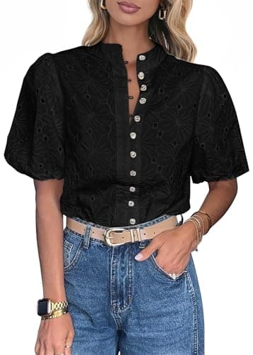 Lazysmile Summer Boho Tops for Women Short Sleeve V Neck Button Down Hollow Out Lace Embroidered Blouses Shirts Black - Image 1