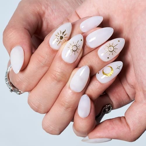 GLAMERMAID White Press On Nails Short Almond, 3D Gothic Handmade Soft Jelly Gel Fake Nails with Golden Star Blossom Design, Round Oval Stick Glue on Nail Kit for Women, Reusable Acrylic False Nail Set - Image 1