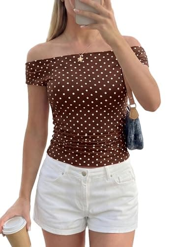 PRETTYGARDEN Womens Off The Shoulder Tops 2026 Summer Y2K Clothes Going Out Shirts Ruched Tank Top Date Night Outfits (Polka Dot Brown Beige,XX-Large) - Image 1