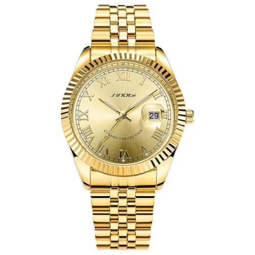SINOBI Men's Luminous Hand Calendar Date Quartz Watch Classic Stainless Steel Watches for Men (Gold) - Image 1