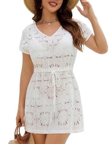 VIMPUNEC Summer Swimsuit Coverup for Women Lace Eyelet Bathing Suit Cover Up Casual Beach Dresses White XL - Image 1