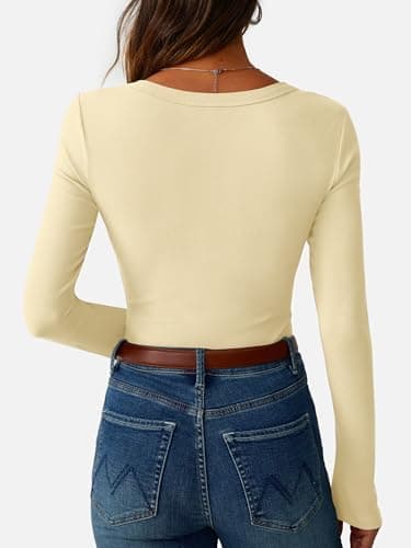 GKBK Womens Long Sleeve Ribbed Tops Slim Fitted Tight Basic T-Shirts Crewneck Layering Lightweight Fall Sweaters 2026 Fashion Outfits Light Yellow - Thumbnail 4