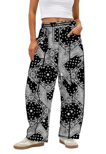 Magritta Womens Sweat Pants Wide Leg Lounge Pants with Stretch Waist and Pockets Paisley Black and White Medium - Image 1