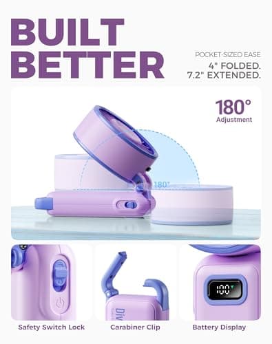 Diveblues Portable Turbo Fan, 7.4m/s High Speed Handheld Fan, 180° Foldable 4-in-1 Personal Neck Fan with Carabiner Clip, 100 Speed Stepless Control, USB-C Rechargeable for Travel, Makeup Hot Flashes - Thumbnail 4