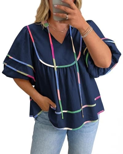 Beautife Womens Plus Size Summer Babydoll Tops Peplum V Neck Lantern Short Sleeve Shirts Cute Flowy Loose Fit Blouses Dark Blue - Image 1