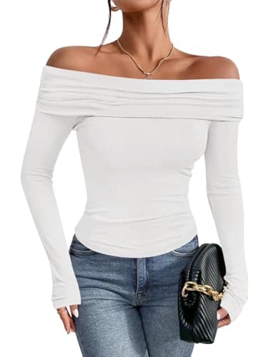 Imily Bela Womens White Off Shoulder Long Sleeve Top Soft Stretch Slim Fit Fold Over Neckline Casual Top - Image 1