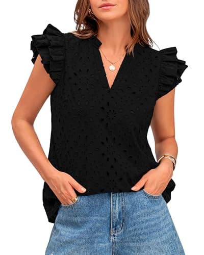 BTFBM Summer Eyelet Tops for Women 2026 Dressy Casual Spring V Neck Ruffle Cap Sleeve Embroidered Blouses Resort Wear(Black, Small) - Image 1