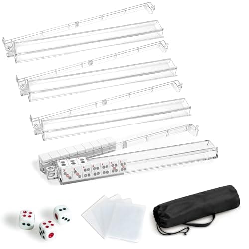 American Mahjong Racks with Pushers Complete Accessories Set, 4 Clear Acrylic Mahjong Racks, 4 Card Sleeves, 3 Large 19.6mm Dice, 420D Waterproof Storage Bag, Mahjong Accessories for American Mahjong