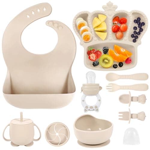 Silicone Baby Feeding Set 10 Pcs Baby Led Weaning Supplies Suction Bowl Divided Plate Baby Bibs Fruit Feeder Baby Spoons Forks Sippy Cup Toddler Utensil Sets Baby Essentials for Newborn Gift - Image 1