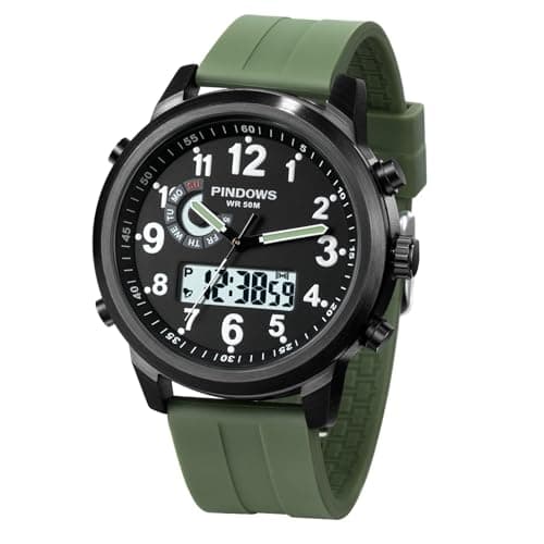 PINDOWS Watches for Men, 30M Waterproof Military Digital Analog Outdoor Sport Watch Multifunctional Wristwatch with Dual Time LED Backlight Alarm Stopwatch Calendar - Image 1