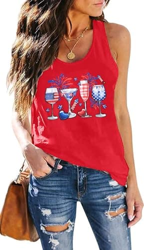 American Flag T Shirt Women 4th of July Tank Tops Red White and Blue Shirts Funny Wine Glass Graphic Patriotic Tees - Image 1