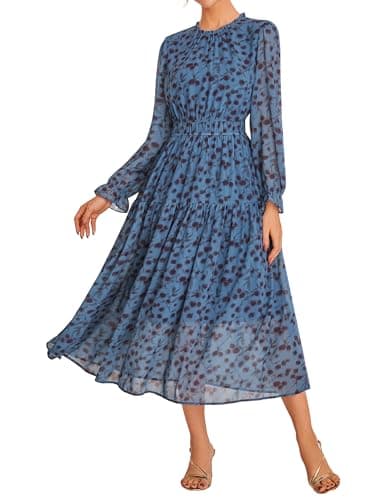 GRACE KARIN Women's Casual Long Sleeve Dress Smocked Flowy Chiffon Maxi Dresses Floral Ruffle Tiered Long Dress Blue S - Image 1