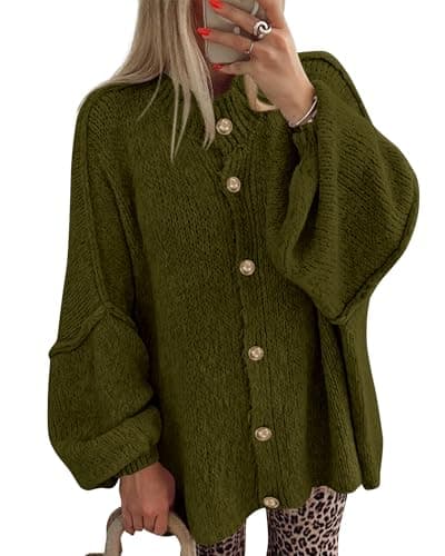 BTFBM Cardigan Sweaters for Women 2026 Fall Clothes Lantern Long Sleeve Button Open Front Chunky Knit Oversized Sweater(Army Green, Medium) - Image 1