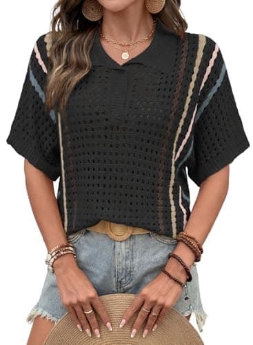 Dokotoo Crochet Tops for Women 2026 Spring Summer Sweaters Button Up Polo Collar Short Sleeve Sweater Striped Lightweight Boho Beach Vacation Outfits for Women Black Large - Image 1