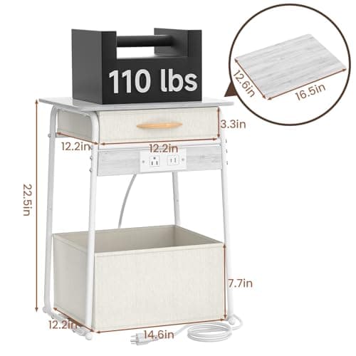 Olldide 3-Tier Bedside Table with Charging Station, Modern Nightstand with USB Port & Power Outlet, Square Side Table with Fabric Basket for Bedroom, Living Room (White) - Thumbnail 2