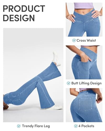 IUGA High Waisted Bell Bottom Jeans for Women Flare Stretchy Jeans Pull On Wide Leg Jean Woman V Cross Flare Leggings Pants(Baby Blue, Medium) - Thumbnail 4