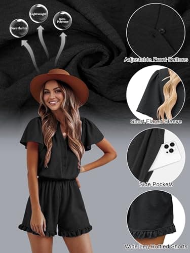 ECOWISH Womens Shorts Rompers Summer Button Short Flare Sleeve Ruffle Wide Leg Mini One Piece Jumpsuits Pockets V Neck Outfit 86 Pink S - Thumbnail 5