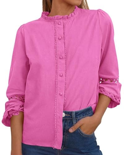 KIRUNDO Going Out Tops for Women 2026 Spring Fashion Boho Cotton Eyelet Long Sleeve Button Up Shirt Lace Dressy Casual Blouse(Hot Pink, Small) - Image 1