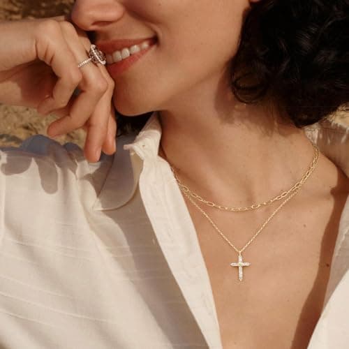 Goxygen Layered Cross Necklace for Women - 14K Plated Gold Double Layer Chain Necklace, Dainty Cubic Zirconia Crucifix Pendant Necklace, Anniversary Birthday Christian Faith Jewelry Gift for Her - Thumbnail 3