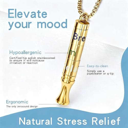 Fidget Necklace with Spinning Calm, Breathe, Relax Charms - Sensory Anxiety Relief & Deep Breathing Aid Stainless Steel Necklaces for Women Men (Gold) - Thumbnail 3