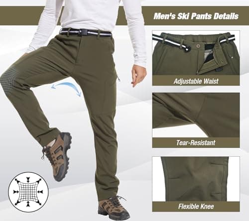 MOURCE Mens Ski Pants Outdoor Cold Weather, Fleece Lined Hiking Snow Pants Men UPF 50+, Army Green XL - Thumbnail 2