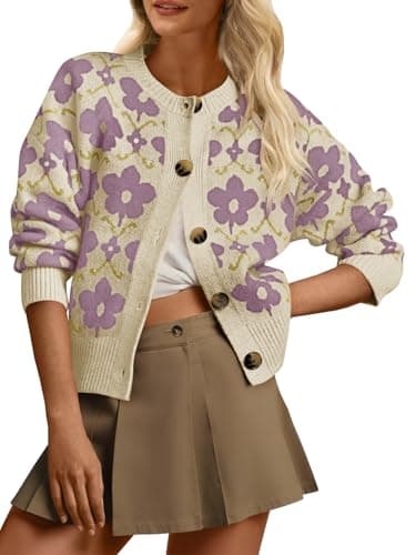 Saodimallsu Womens Flower Pattern Cardigan Lavender Sweaters Soft Long Sleeve Cardigans Vintage Button Knit Outwear 2025 - Image 1