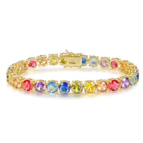 Gemsme 6.0mm Colored Cubic Zirconia Tennis Bracelet for Women, 6MM 18K Yellow Gold Plated Cubic Zirconia Rainbow Tennis Link Bracelet - Image 1