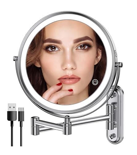 Rocollos Rechargeable Wall Mounted Lighted Makeup Mirror, 8 Inch Double-Sided LED Vanity Mirror 1X/10X Magnification,3 Color Lights Touch Screen Dimmable (Narrow Base-Chrome) - Image 1