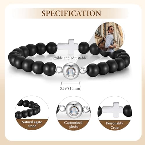 Gamtic Personalized Photo Projection Bracelet for Men,Custom Picture Bracelet Black Beaded Cross Bracelet, Meaningful Gift for Him Dad Husband Boyfriend Son - Thumbnail 5