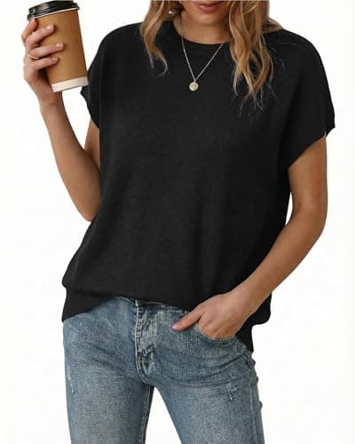 Arach&Cloz Womens Spring Summer Short Sleeve Oversized Sweaters Cashmere Lightweight Crew Neck Business Casual Clothing Work Blouse Tops Dressly Capsule Wardrobe Teacher Outfits Trendy Black XXL