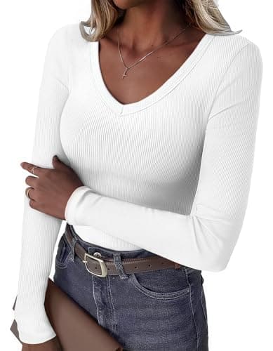 GKBK Women Long Sleeve V Neck Ribbed Knit Slim Fitted Shirts Basic Tee Cute Tshirts Going Out Tops 2025 Fall Winter Casual T Shirts Blouse Outfits Work Fashion Trendy Clothe White XL - Image 1