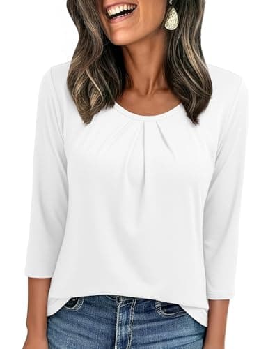 JUSTFASHIONNOW Womens 3/4 Length Sleeve Tops Crewneck Pleated T-Shirts Dressy Casual Tunic Basic Business Blouses(White Medium) - Image 1