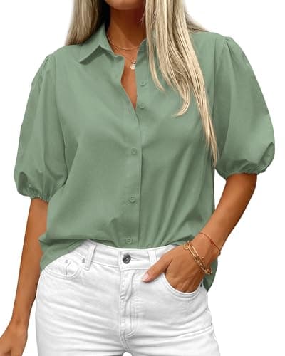 BTFBM Women's Button Down Shirts Short Puff Sleeve Collared V Neck 2026 Summer Tops Dressy Casual Work Business Blouses(Sage Green, X-Large) - Image 1