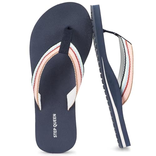 STEP QUEEN Womens Arch Support Flip Flops Comfortable Yoga Mat Slip on Leather Walking Thong Cushion Sandals Summer Beach Quick Dry Sandals Travel Essentials Blue Size 6 - Image 1